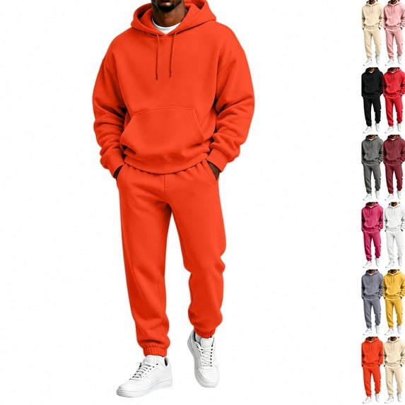 Men's Fleece Tracksuit Sweatsuit 2 Piece Hoodie and Sweatpants Set Soft Warm Pullover Hooded Jogger Casual Athletic Gym Jogging Sweat Suits Outfits for Fall Winter Orange L