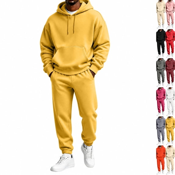 Men's Fleece Tracksuit Sweatsuit 2 Piece Hoodie and Sweatpants Set Soft Warm Pullover Hooded Jogger Casual Athletic Gym Jogging Sweat Suits Outfits for Fall Winter Yellow XL