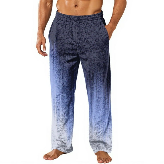 Men's Fleece Two-Tone Color Gradient Print Pocket Casual Long Pants - Home Lounge Sleep Pajama Pants, Soft Comfortable,Dark Blue,2XL