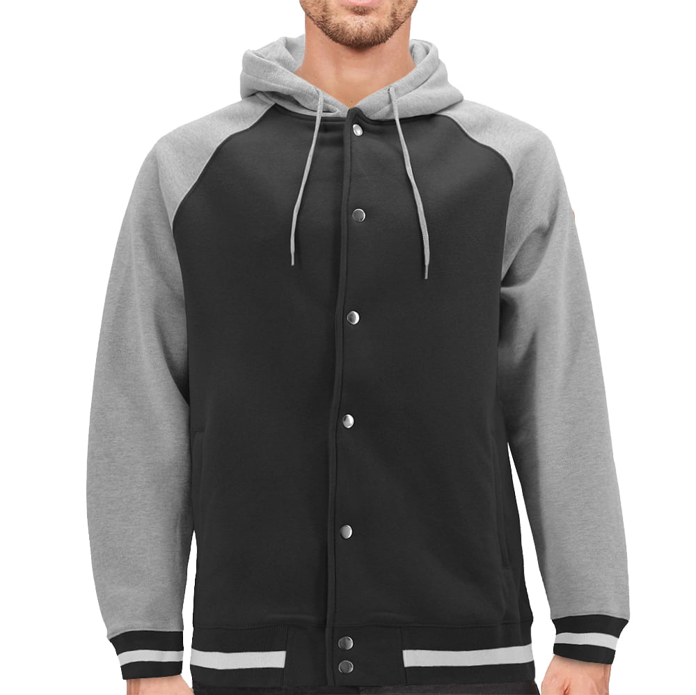 Men's Fleece Varsity Sweatshirt Letterman Sports Raglan Button Up Hoodie  Jacket (Black, M)