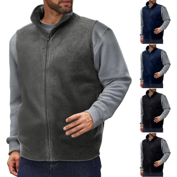 Men's Fleece Vest Fall Winter Solid Color Stand Collar Warm Sleeveless Jacket Waistcoat Outerwear with Pockets