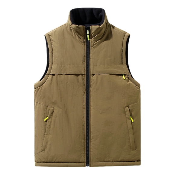 Men's Fleece Vest Outerwear Winter Warm Stand Collar Full Zip Jacket Sleeveless Fuzzy Coat with Zipper Pockets (5XL, Khaki)