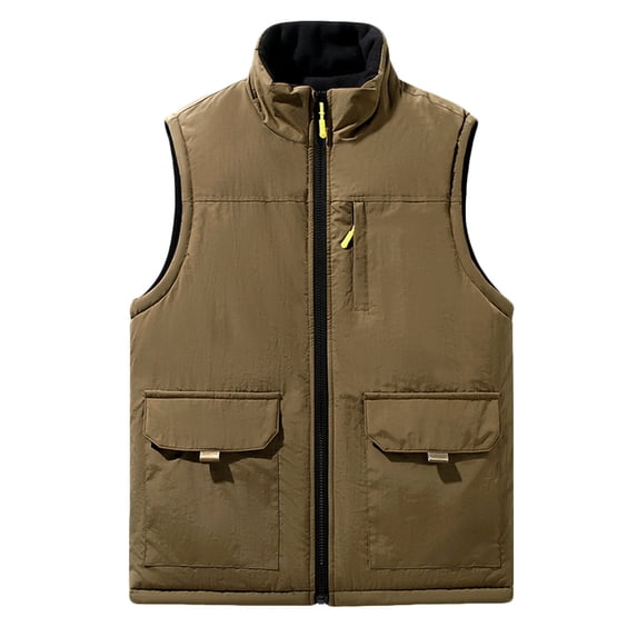 Men's Fleece Vest Outerwear Winter Warm Stand Collar Full Zip Jacket Sleeveless Fuzzy Coat with Zipper Pockets (XL, Khaki #A)