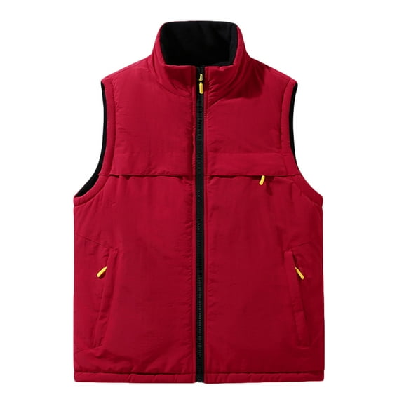 Men's Fleece Vest Outerwear Winter Warm Stand Collar Full Zip Jacket Sleeveless Fuzzy Coat with Zipper Pockets (XL, Red)