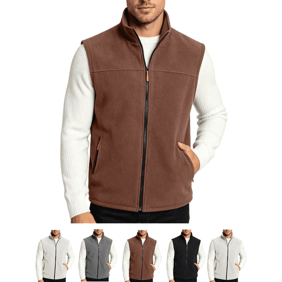 Men's Fleece Vest Stand Collar Sleeveless Jacket with Zip Pockets Lightweight Warm Outerwear for Hiking and Layering