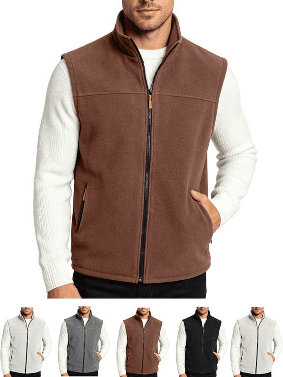 Men's Fleece Vest Stand Collar Sleeveless Jacket with Zip Pockets Lightweight Warm Outerwear for Hiking and Layering