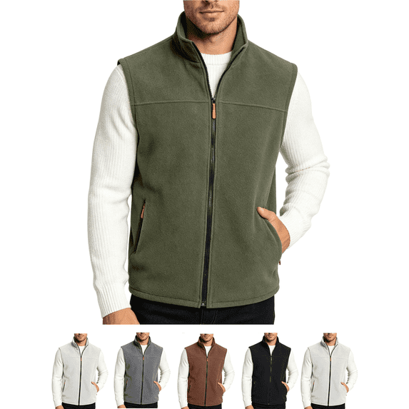 Men's Fleece Vest Stand Collar Sleeveless Jacket with Zip Pockets Lightweight Warm Outerwear for Hiking and Layering