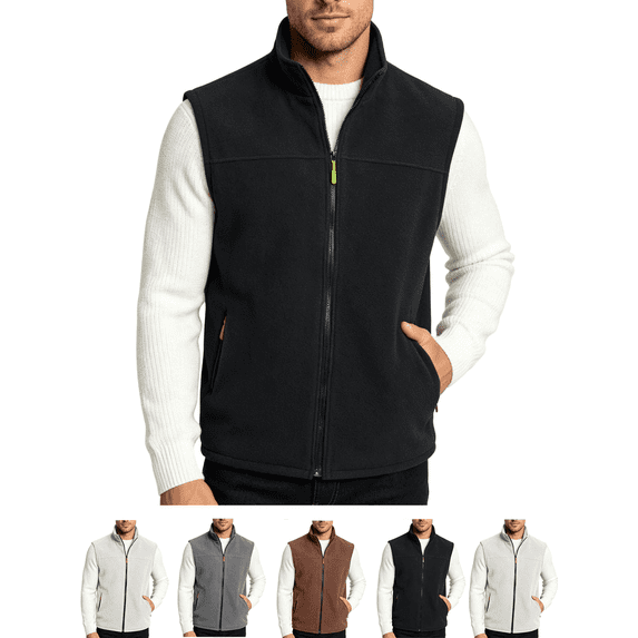 Men's Fleece Vest Stand Collar Sleeveless Jacket with Zip Pockets Lightweight Warm Outerwear for Hiking and Layering