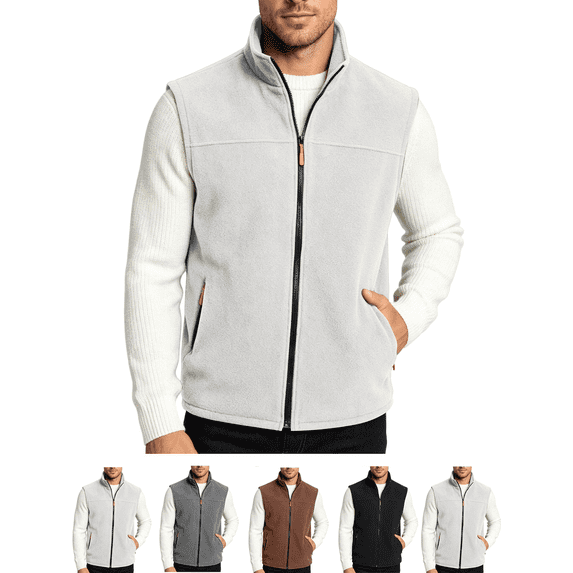 Men's Fleece Vest Stand Collar Sleeveless Jacket with Zip Pockets Lightweight Warm Outerwear for Hiking and Layering