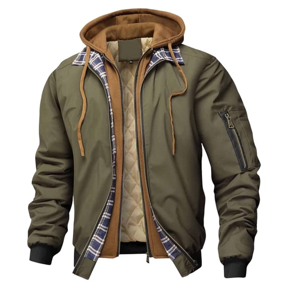 Men's Fleece Winter Jackets Zip Up Splicing Plaid Tactical Work Coat Casual Quilted Lined Cotton Fake Two-Piece Jacket