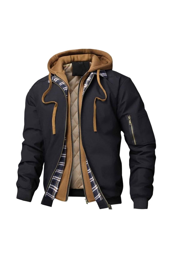 Men's Fleece Winter Jackets Zip Up Splicing Plaid Tactical Work Coat Casual Quilted Lined Cotton Fake Two-Piece Jacket