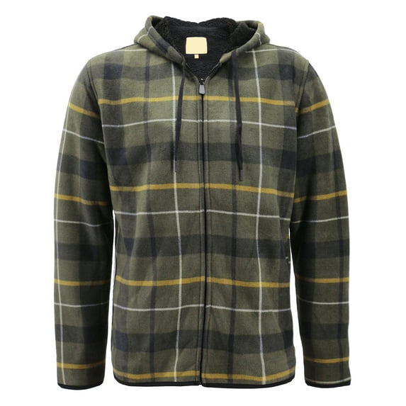 Men’s Fleece Zip Up Hooded Sweatshirt Plaid Soft Sherpa Lined Lightweight Jacket (Olive/Khaki, XL)