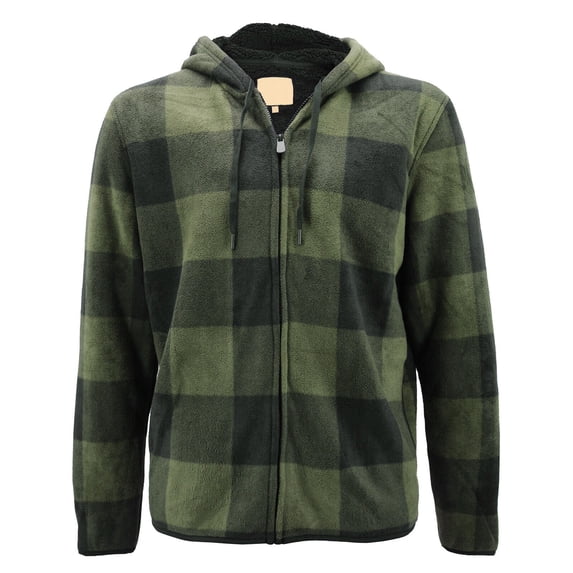 Men’s Fleece Zip Up Hooded Sweatshirt Plaid Soft Sherpa Lined Lightweight Jacket (Olive, M)