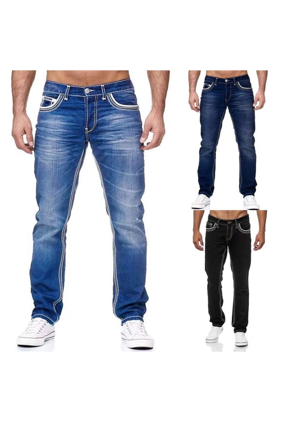 Men's Flex Jean Pants with Embroidered Design Elastic Waist Jeans with Pockets Wide Leg Denim Pants Relaxed Fit Comfort Casual Classic Fit Baggy Bootcut Jean,Blue L