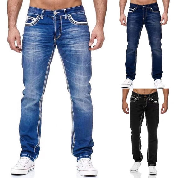 Men's Flex Jean Pants with Pockets Wide Leg Jeans with Embroidered Design Elastic Waist Denim Jeans Classic Street Style Regular Relaxed Fit Comfy Daily Wear,Black 3XL