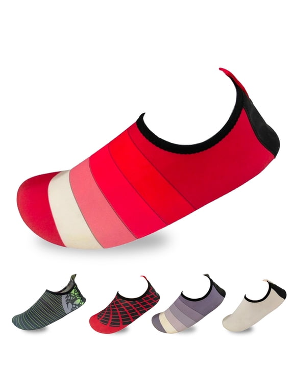 Men’s Flexible Aqua Socks, Swim Shoes, Summer Outdoor Shoes For Water Sports, Pool, Sea, Beach Activities, Red/White Striped, 7-8