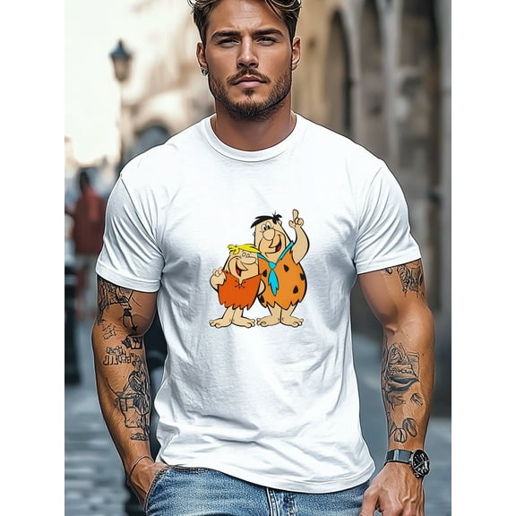 Men's The Flintstones Graphic Casual T-Shirt - Maroon Retro Cartoon Character Tee with Fred & Barney Design, Regular Fit Round Neck Short Sleeve for All-Season Comfort, Comfortable Fit, Weekend