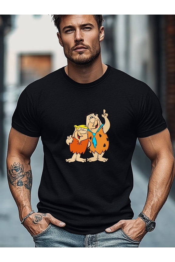Men's The Flintstones Graphic Casual T-Shirt - Maroon Retro Cartoon Character Tee with Fred & Barney Design, Regular Fit Round Neck Short Sleeve for All-Season Comfort, Comfortable Fit, Weekend