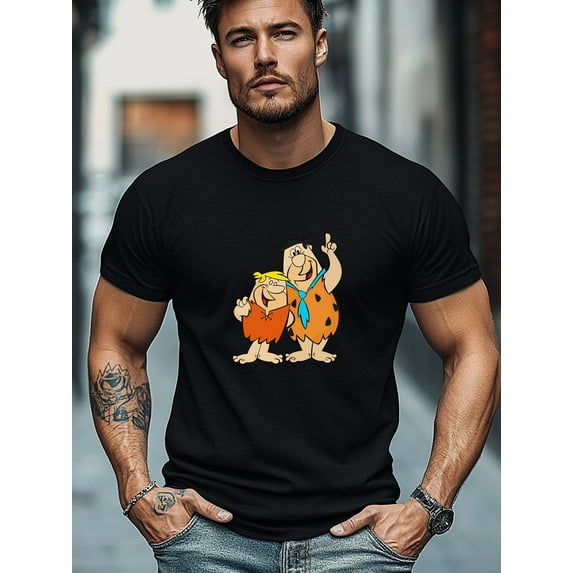 Men's The Flintstones Graphic Casual T-Shirt - Maroon Retro Cartoon Character Tee with Fred & Barney Design, Regular Fit Round Neck Short Sleeve for All-Season Comfort, Comfortable Fit, Weekend