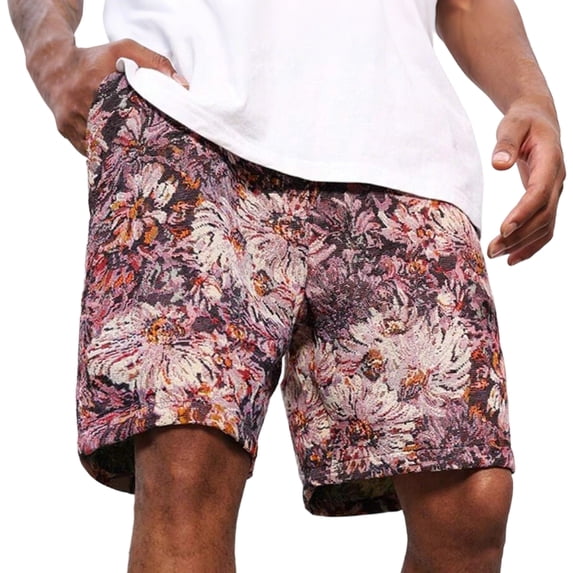 Men's Floral Embroidery Drawstring Shorts Boho Paisley Drawstring Shorts with Pockets Elastic High Waisted Bermuda Shorts Casual Cool Streetwear Baggy Sweat Shorts,Purple S