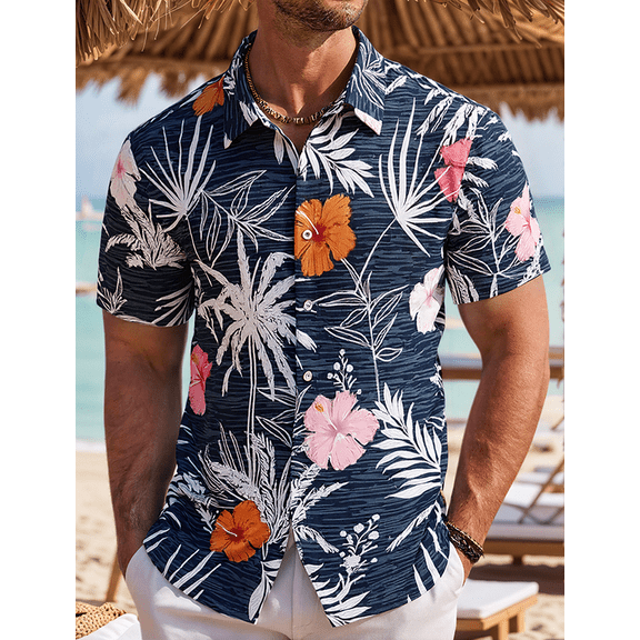 Men's Floral Hawaiian Shirt, Short Sleeve Button Down Tropical Beach Shirt, Casual Aloha Shirt