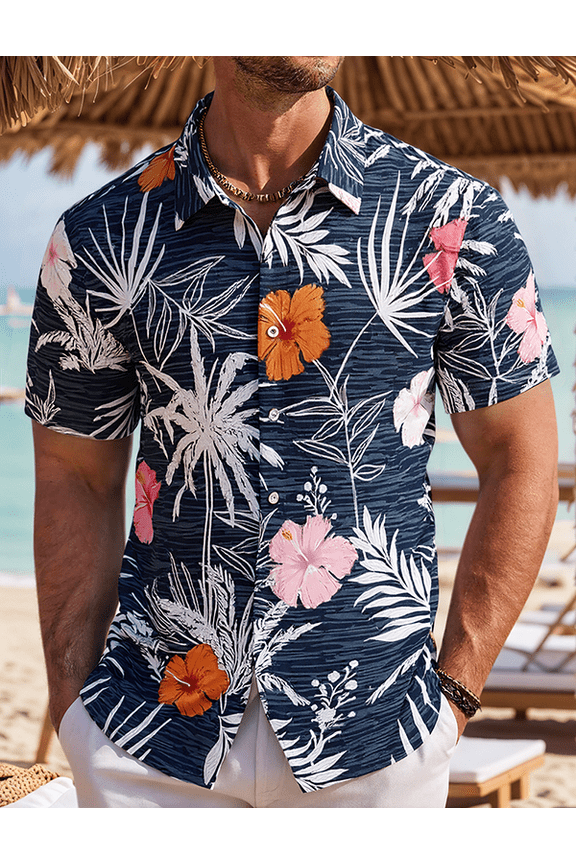 Men's Floral Hawaiian Shirt, Short Sleeve Button Down Tropical Beach Shirt, Casual Aloha Shirt