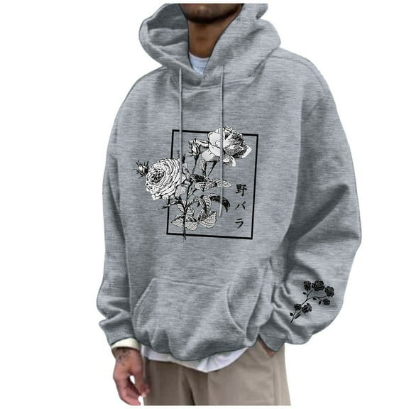 Men's Floral Print Casual Graphic Hoodies Drawstring Long Sleeve Pullover Sweatshirt