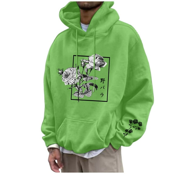 Men's Floral Print Casual Graphic Hoodies Drawstring Long Sleeve Pullover Sweatshirt