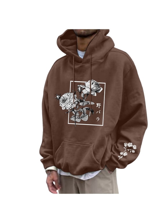 Men's Floral Print Casual Graphic Hoodies Drawstring Long Sleeve Pullover Sweatshirt