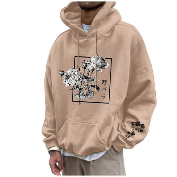 Men's Floral Print Casual Graphic Hoodies Drawstring Long Sleeve Pullover Sweatshirt