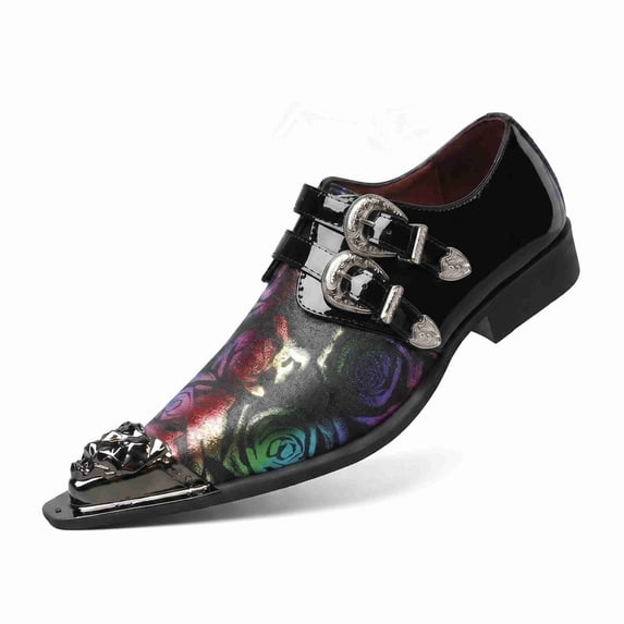 Men’s Floral Print Metal-Toe Slip-On Dress Shoes, Buckle Detail Formal Loafers for Events & Parties