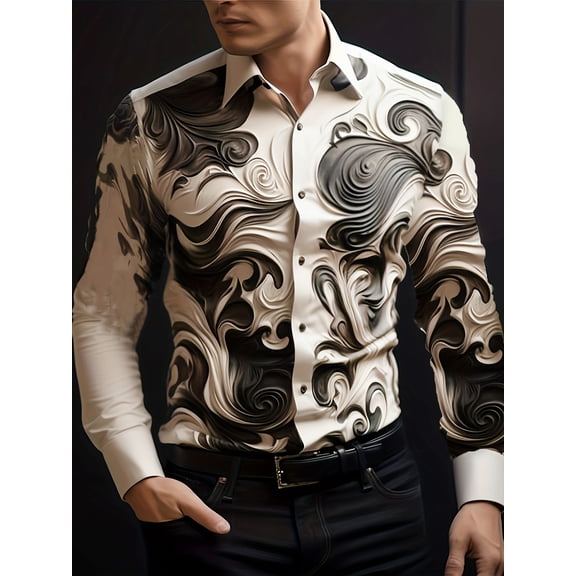Men's Floral Printed Long Sleeve Button Down Party Casual Fancy Floral Shirts Beige L
