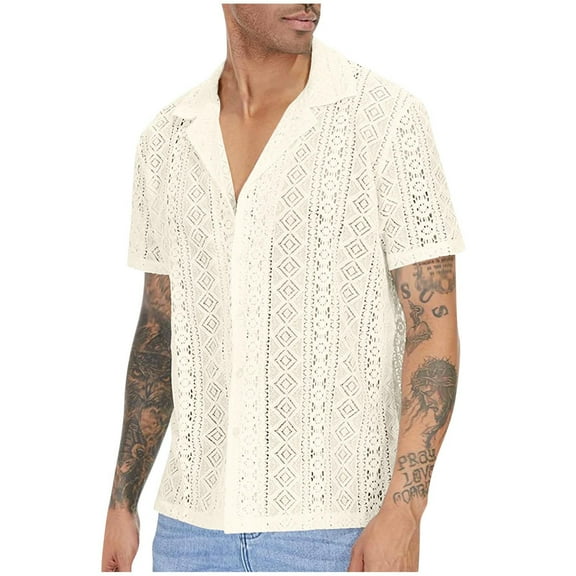 Men's Floral Sheer Lace Shirt Casual Button Short Sleeve Cuban Mesh Beach Shirt