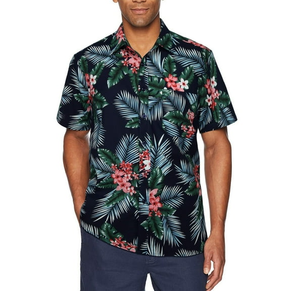 Men's Floral Shirts, Summer Beach Short Sleeve Shirt Button Down Tropical Hawaii Shirts Navy Blue S