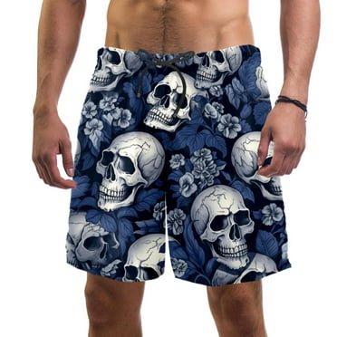 Men's Floral Skulls Navy Swim Trunks Quick Dry Board Shorts Bathing Suits with Mesh Lining XL
