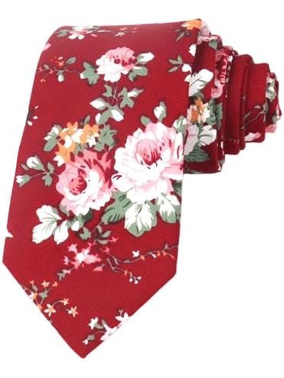 Men's Floral Tie Red Flower Necktie for Wedding Party
