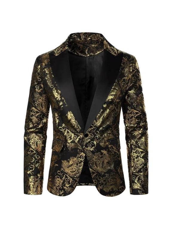 Men's Floral Tuxedo Jacket Jacquard Suit Jacket Slim Fit Blazer for Wedding, Prom, Dinner Gold XXL
