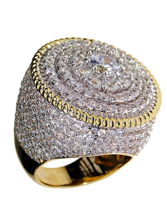Men's Flower Cluster Pinky Ring 20MM 14K Gold Plated 2-Tone Round CZ Micro Pave Size 12
