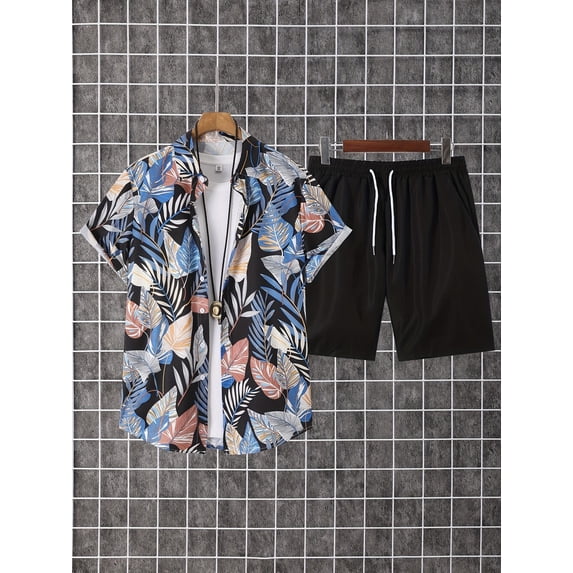 Men's Shirt Hawaiian Sets Casual Button Down Short Sleeve Shirt and Solid Color Quick Dry Beach Shorts Blue M