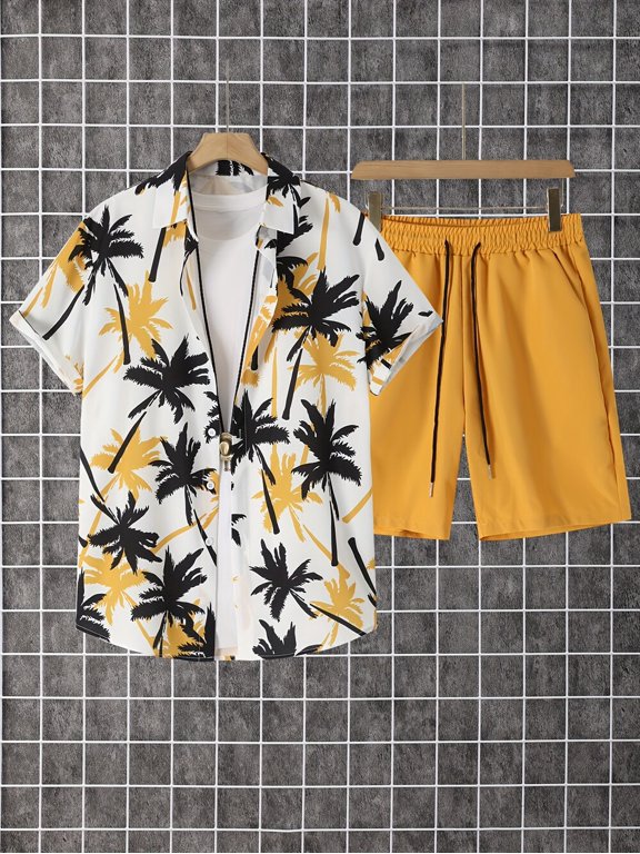 Men's Shirt Hawaiian Sets Casual Button Down Short Sleeve Shirt and Solid Color Quick Dry Beach Shorts Yellow M