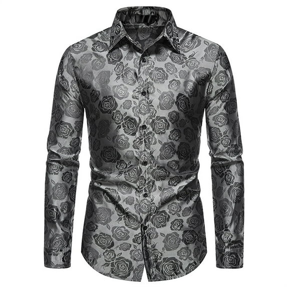 Men's Flowers Shirt Jacquard Silk Shirts for Men Dress Shirts Long Sleeve Button Down Collar Casual Tuxedo Shirts