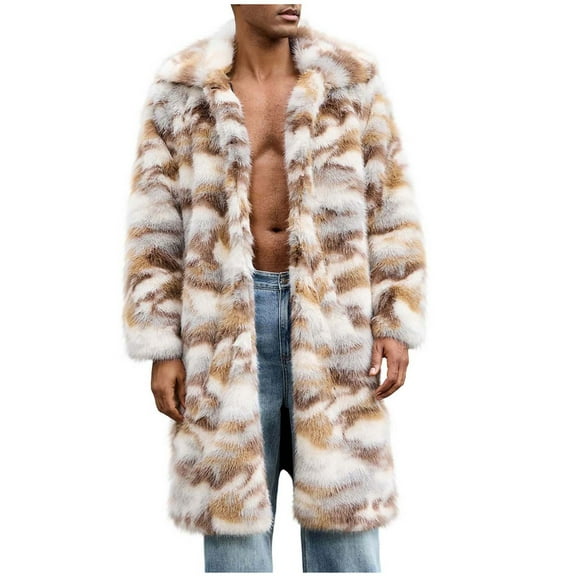 Men's Fluffy Faux Fur Coat Long Fleece Jacket Lapel Long Sleeve Open Front Cardigan Outwear