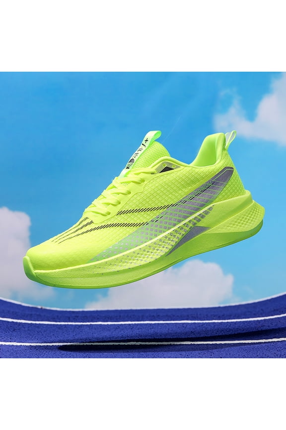 Men's Fluorescent Green Breathable Marathon Running Shoes Lightweight Shock Absorbing Reflective Athletic Sneakers