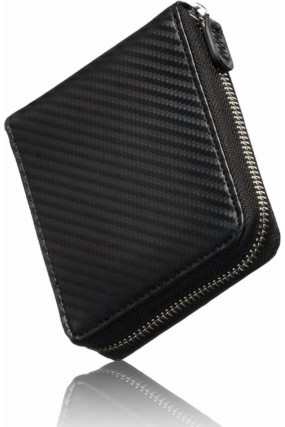 Men's Folded Wallet - Genuine Carbon Leather, Slim & Minimalist, Zip Pocket Folded Wallet, Style, -Boxed (Black/Black)