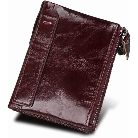 Men's Folding Double Zip Wallet RFID Blocks Retro Short Coin Purse