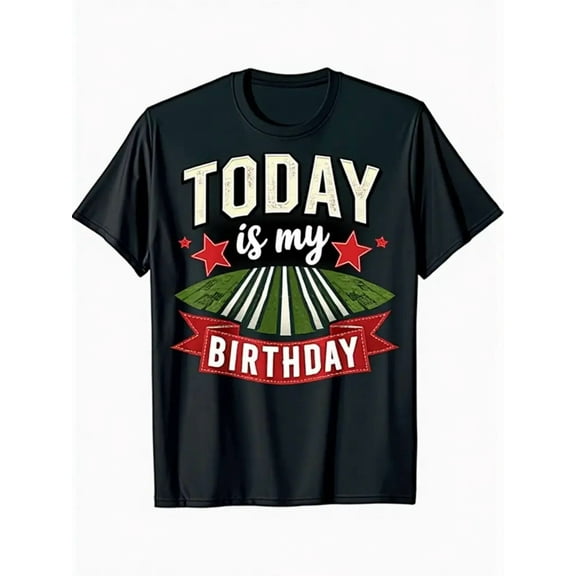 Men's Football Birthday Shirt - TODAY IS MY Birthday Graphic Tee with Red Stars - American Football Field Design - Black Sports Party Outfit - Soft Stretch Knit Fabric