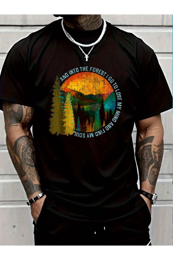Men's Forest Nature Graphic T-Shirt, Inspirational Quote Hiking Camping Short Sleeve Tee