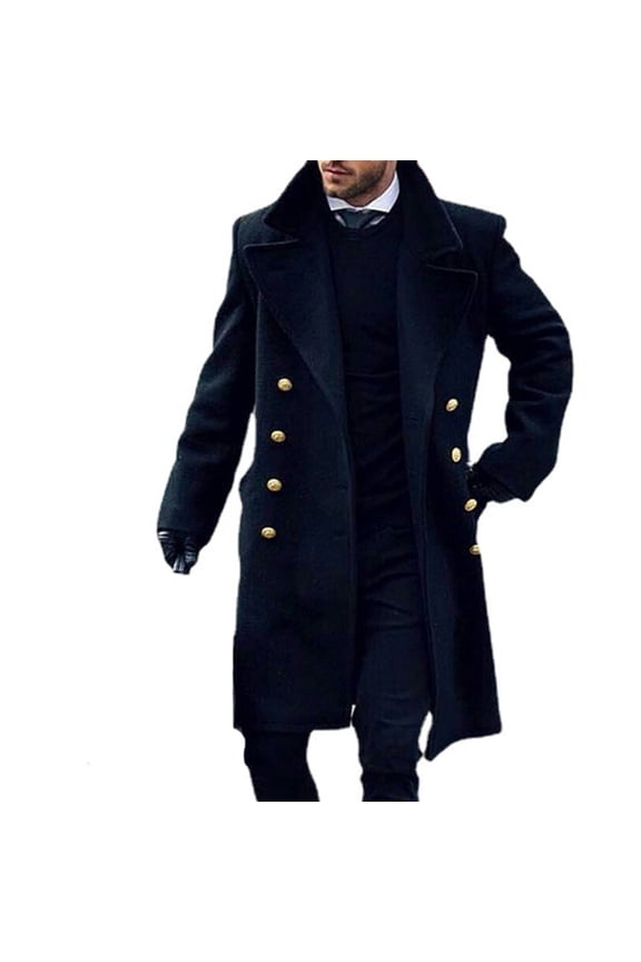 Men's Formal Coat Double Breasted Button Maxi Overcoat Insulated Long Fall Winter Coats for Men L