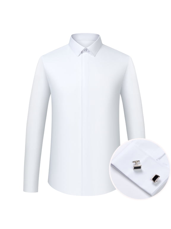 Men's Formal Dress Shirts Hidden Button Front French Cuffs Shirt Random Metal Cufflinks