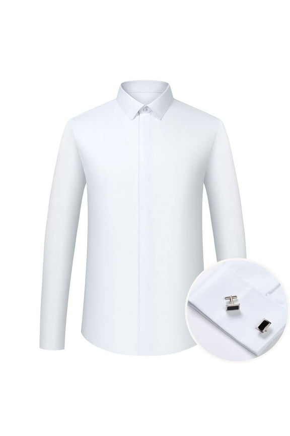 Men's Formal Dress Shirts Hidden Button Front French Cuffs Shirt Random Metal Cufflinks